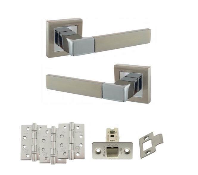STATUS Montana Door Handle Latch Pack (4 Fire Rated Hinges x3) - Satin Nickel/Polished Chrome