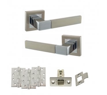 STATUS Montana Door Handle Latch Pack (4 Fire Rated Hinges x3) - Satin Nickel/Polished Chrome