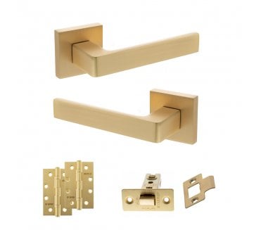 STATUS Montana Door Handle Latch Pack (4 Slim Knuckle Hinges x2) - Satin Brass