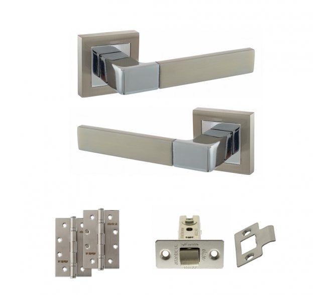 STATUS Montana Door Handle Latch Pack (4 Slim Knuckle Hinges x2) - Satin Nickel/Polished Chrome