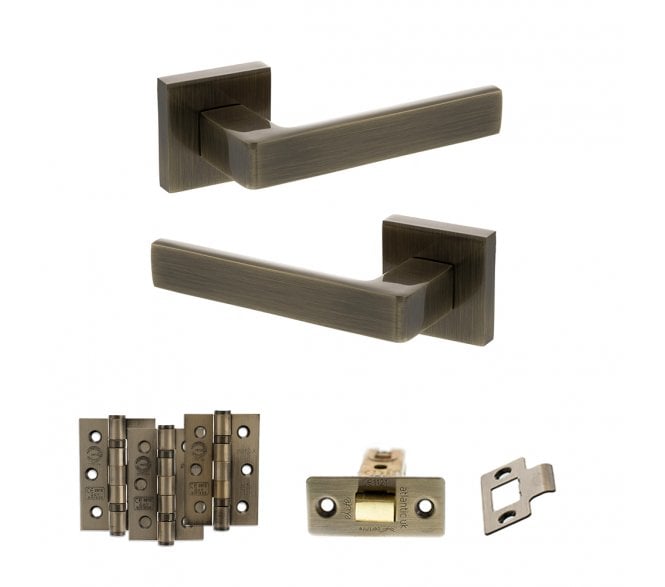 STATUS Montana Door Handle Latch Pack (3 Ball Bearing Hinges x3) - Antique Brass