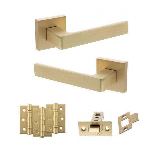 STATUS Montana Door Handle Latch Pack (3 Ball Bearing Hinges x3) - Satin Brass