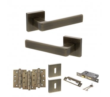 STATUS Montana Door Handle Lock Pack (4 Fire Rated Hinges x3) - Antique Brass