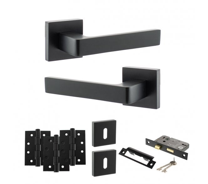 STATUS Montana Door Handle Lock Pack (4 Fire Rated Hinges x3) - Matt Black