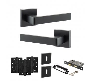 STATUS Montana Door Handle Lock Pack (4 Fire Rated Hinges x3) - Matt Black