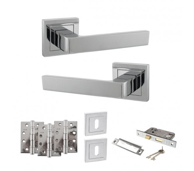 STATUS Montana Door Handle Lock Pack (4 Fire Rated Hinges x3) - Polished Chrome