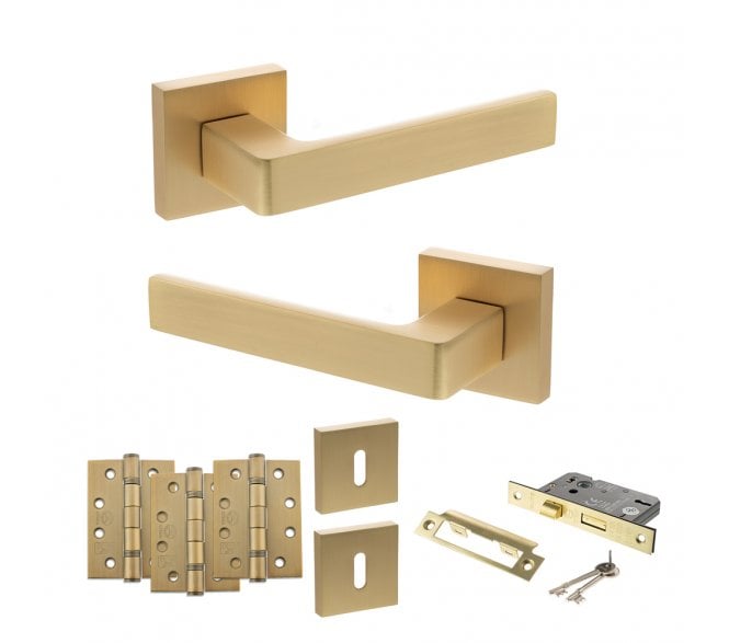 STATUS Montana Door Handle Lock Pack (4 Fire Rated Hinges x3) - Satin Brass
