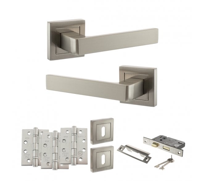 STATUS Montana Door Handle Lock Pack (4 Fire Rated Hinges x3) - Satin Nickel