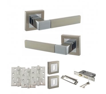 STATUS Montana Door Handle Lock Pack (4 Fire Rated Hinges x3) - Satin Nickel/Polished Chrome