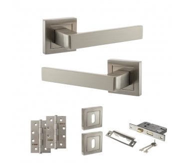 STATUS Montana Door Handle Lock Pack (4 Slim Knuckle Hinges x2) - Satin Nickel
