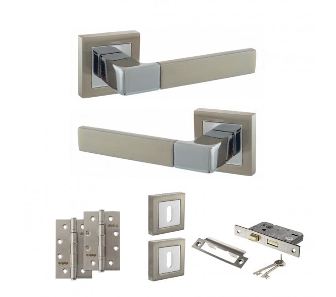 STATUS Montana Door Handle Lock Pack (4 Slim Knuckle Hinges x2) - Satin Nickel/Polished Chrome
