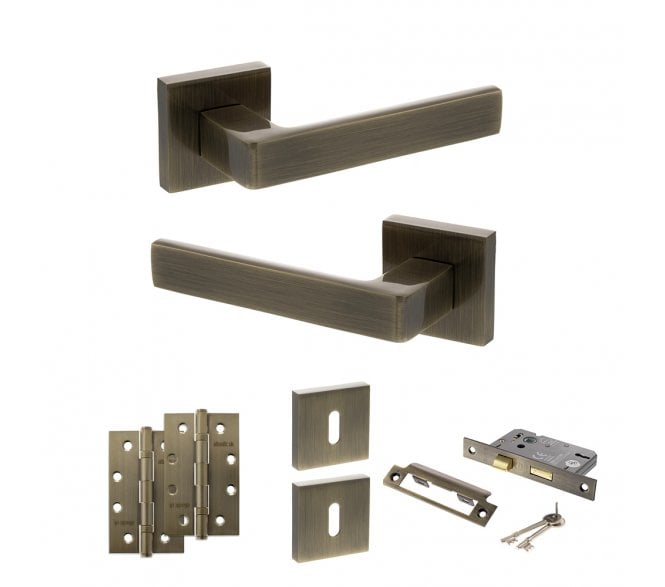STATUS Montana Door Handle Lock Pack (4 Slim Knuckle Hinges x3) - Antique Brass