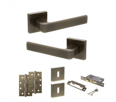 STATUS Montana Door Handle Lock Pack (4 Slim Knuckle Hinges x3) - Antique Brass