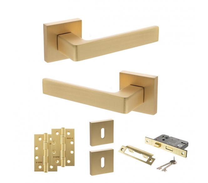 STATUS Montana Door Handle Lock Pack (4 Slim Knuckle Hinges x3) - Satin Brass