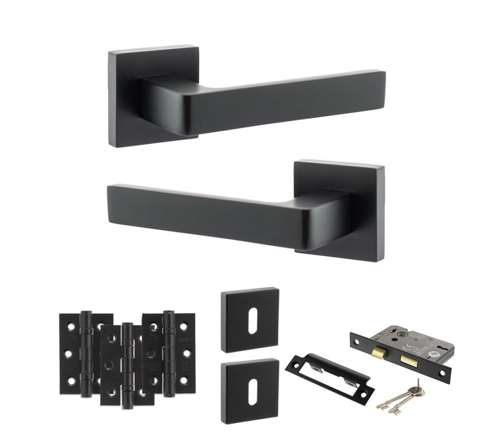 STATUS Alabama Door Handle Latch Pack  3 Ball Bearing Hinges X3 Matt Black P67260