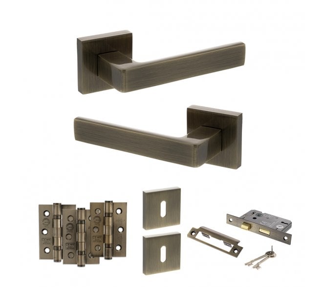 STATUS Montana Door Handle Lock Pack (3 Ball Bearing Hinges x3) - Antique Brass