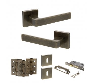 STATUS Montana Door Handle Lock Pack (3 Ball Bearing Hinges x3) - Antique Brass