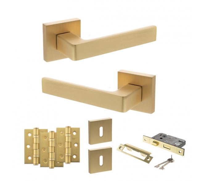 STATUS Montana Door Handle Lock Pack (3 Ball Bearing Hinges x3) - Satin Brass