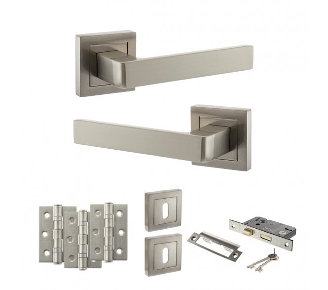 STATUS Montana Door Handle Lock Pack (3 Ball Bearing Hinges x3) - Satin Nickel
