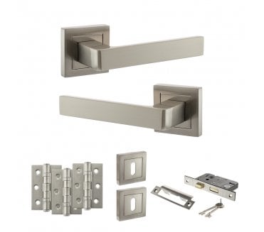 STATUS Montana Door Handle Lock Pack (3 Ball Bearing Hinges x3) - Satin Nickel
