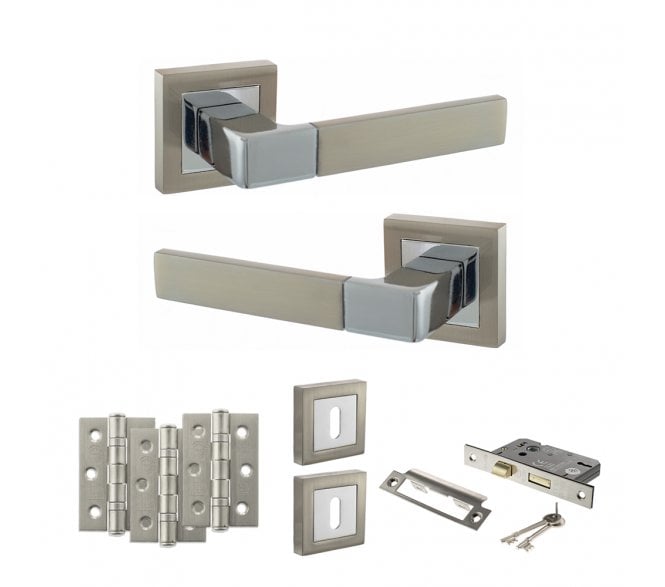 STATUS Montana Door Handle Lock Pack (3 Ball Bearing Hinges x3) - Satin Nickel/Polished Chrome