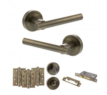 STATUS Nebraska Door Handle Bathroom Pack (4 Fire Rated Hinges x3) - Antique Brass