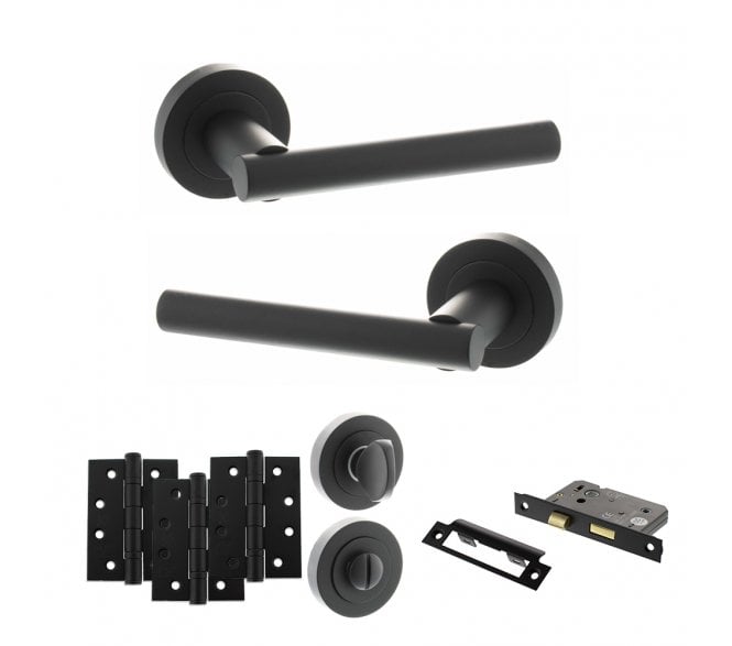 STATUS Nebraska Door Handle Bathroom Pack (4 Fire Rated Hinges x3) - Matt Black
