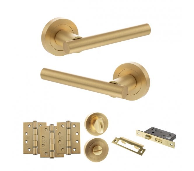 STATUS Nebraska Door Handle Bathroom Pack (4 Fire Rated Hinges x3) - Satin Brass