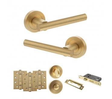 STATUS Nebraska Door Handle Bathroom Pack (4 Fire Rated Hinges x3) - Satin Brass