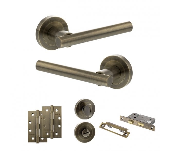 STATUS Nebraska Door Handle Bathroom Pack (4 Slim Knuckle Hinges x2) - Antique Brass