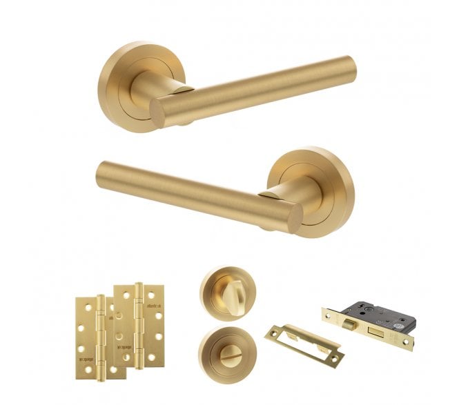 STATUS Nebraska Door Handle Bathroom Pack (4 Slim Knuckle Hinges x2) - Satin Brass
