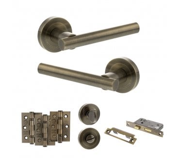 STATUS Nebraska Door Handle Bathroom Pack (3 Ball Bearing Hinges x3) - Antique Brass