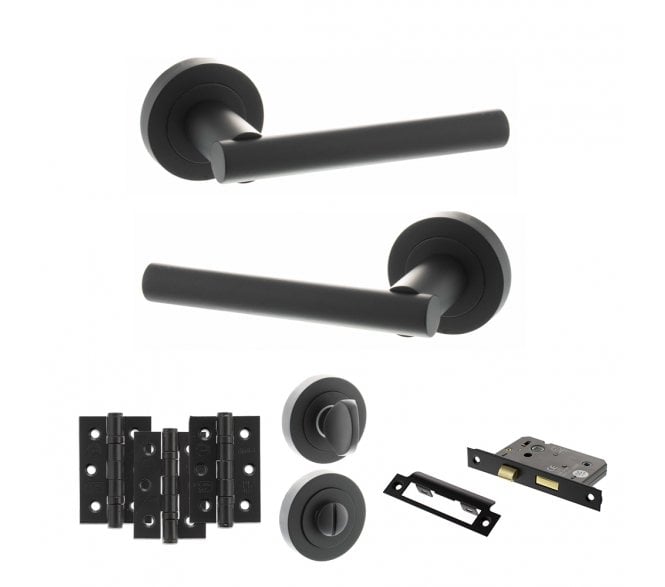 STATUS Nebraska Door Handle Bathroom Pack (3 Ball Bearing Hinges x3) - Matt Black