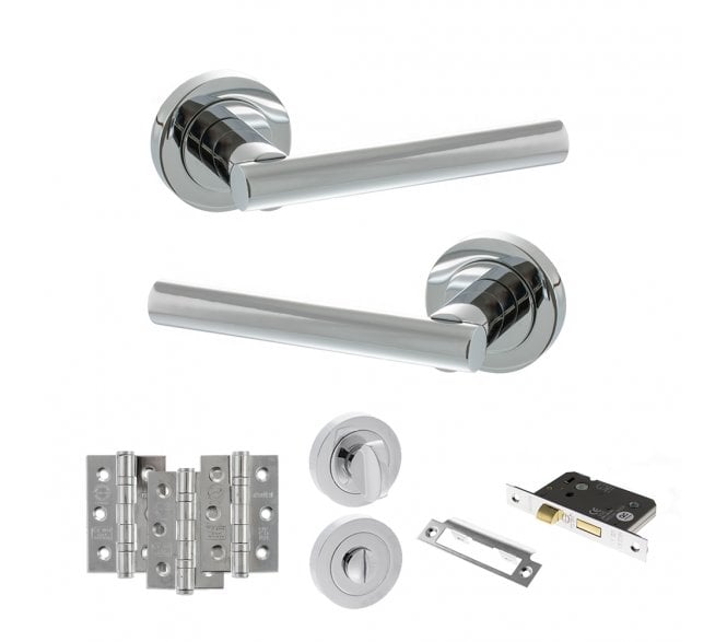 STATUS Nebraska Door Handle Bathroom Pack (3 Ball Bearing Hinges x3) - Polished Chrome