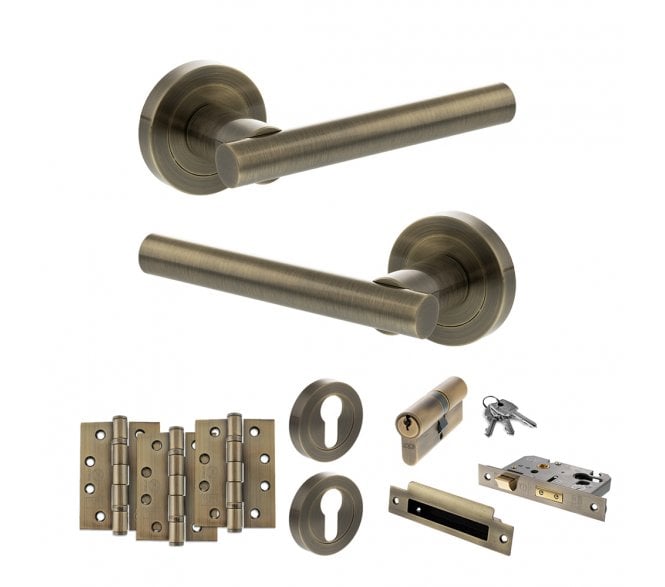 STATUS Nebraska Door Handle Euro Profile Lock Pack (4 Fire Rated Hinges x3) - Antique Brass