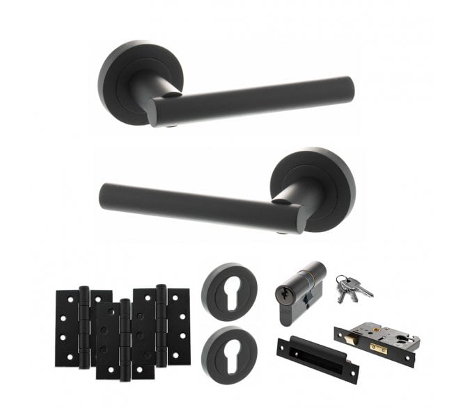 STATUS Nebraska Door Handle Euro Profile Lock Pack (4 Fire Rated Hinges x3) - Matt Black