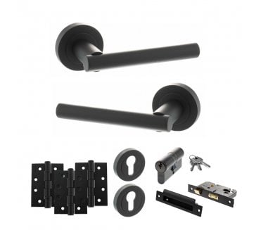 STATUS Nebraska Door Handle Euro Profile Lock Pack (4 Fire Rated Hinges x3) - Matt Black