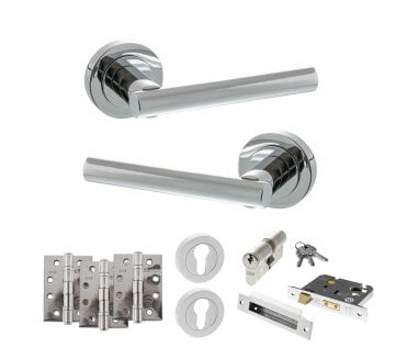 STATUS Nebraska Door Handle Euro Profile Lock Pack (4 Fire Rated Hinges x3) - Polished Chrome