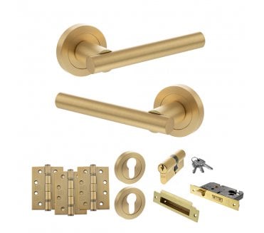 STATUS Nebraska Door Handle Euro Profile Lock Pack (4 Fire Rated Hinges x3) - Satin Brass