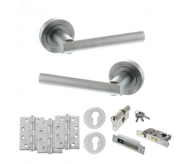 STATUS Nebraska Door Handle Euro Profile Lock Pack (4 Fire Rated Hinges x3) - Satin Chrome