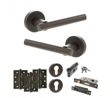 STATUS Nebraska Door Handle Euro Profile Lock Pack (4 Fire Rated Hinges x3) - Urban Dark Bronze