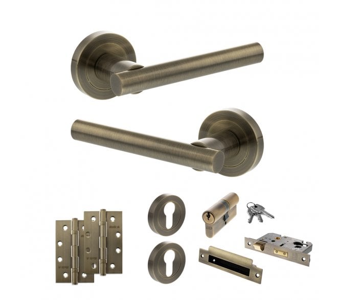 STATUS Nebraska Door Handle Euro Profile Lock Pack (4 Slim Knuckle Hinges x2) - Antique Brass