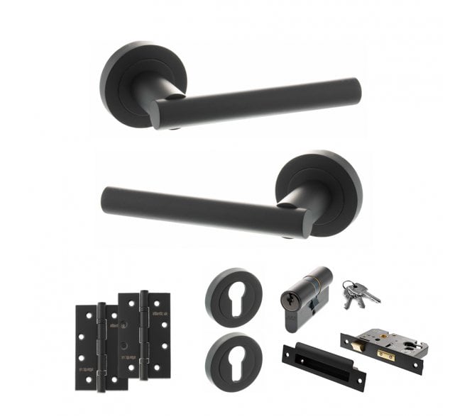 STATUS Nebraska Door Handle Euro Profile Lock Pack (4 Slim Knuckle Hinges x2) - Matt Black
