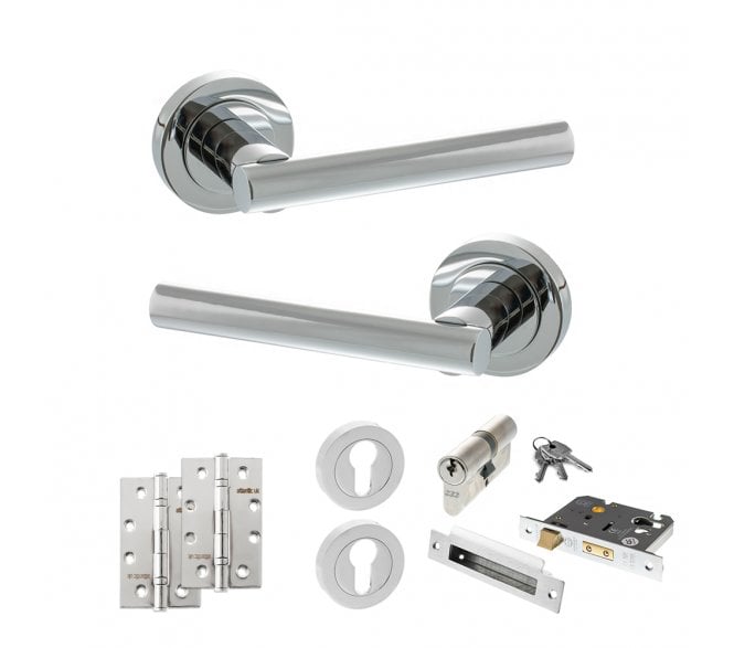 STATUS Nebraska Door Handle Euro Profile Lock Pack (4 Slim Knuckle Hinges x2) - Polished Chrome