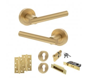 STATUS Nebraska Door Handle Euro Profile Lock Pack (4 Slim Knuckle Hinges x2) - Satin Brass