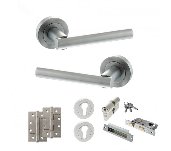 STATUS Nebraska Door Handle Euro Profile Lock Pack (4 Slim Knuckle Hinges x2) - Satin Chrome