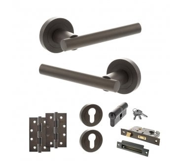 STATUS Nebraska Door Handle Euro Profile Lock Pack (4 Slim Knuckle Hinges x2) - Urban Dark Bronze