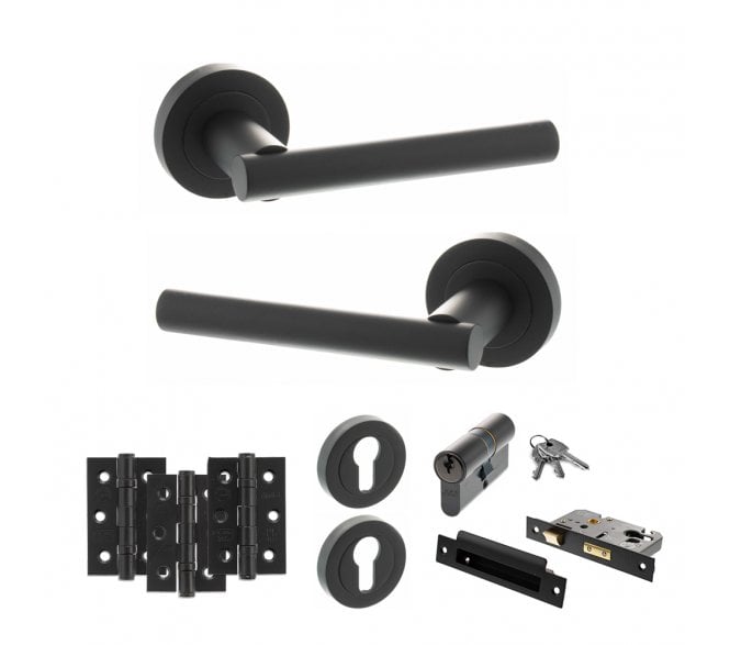 STATUS Nebraska Door Handle Euro Profile Lock Pack (3 Ball Bearing Hinges x3) - Matt Black