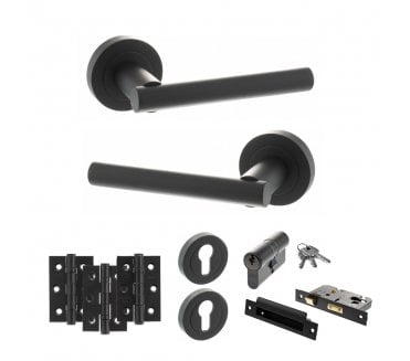 STATUS Nebraska Door Handle Euro Profile Lock Pack (3 Ball Bearing Hinges x3) - Matt Black
