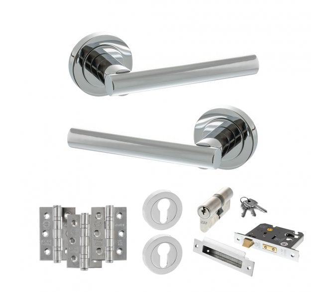 STATUS Nebraska Door Handle Euro Profile Lock Pack (3 Ball Bearing Hinges x3) - Polished Chrome